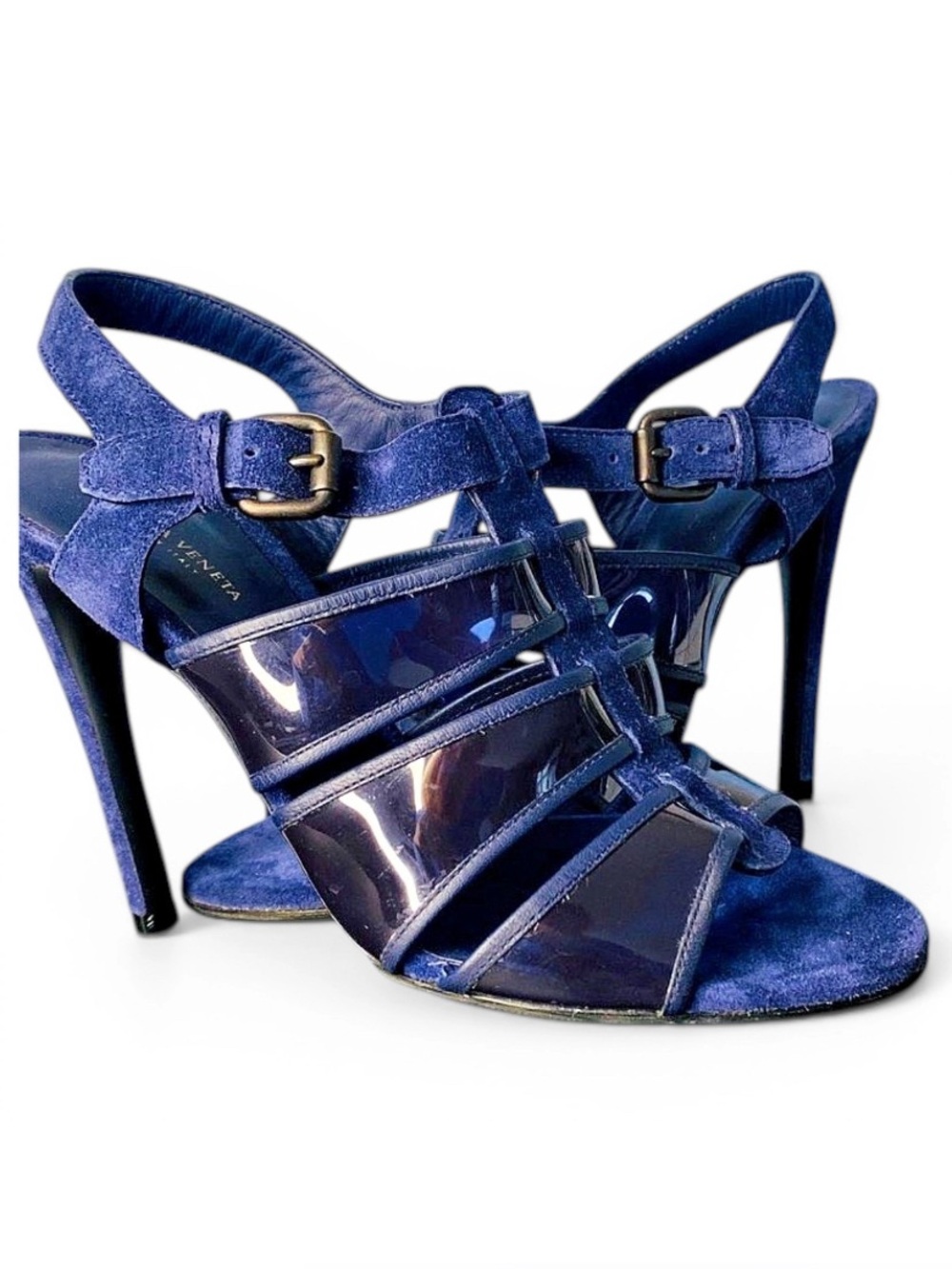 🛍️ Bottega Veneta Authentic Navy PVC & Suede Strappy Heeled Sandals